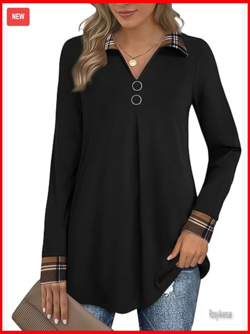 Long Sleeve Lapel V Neck Tunic Blouse with Buttons Flowy Top